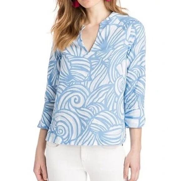 Vineyard Vines Blue and White Nautilus Shell Print Linen Blend Tunic Top XL - Picture 1 of 8